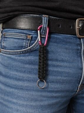 Black Paracord Keychain with Pink Carabiner and Key Ring | 7 inches